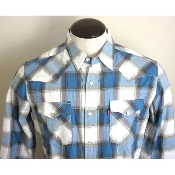 Levi's Men's The Western Snap Front Plaid Blue Purple Cotton Shirt Classic NWT - Picture 2 of 8
